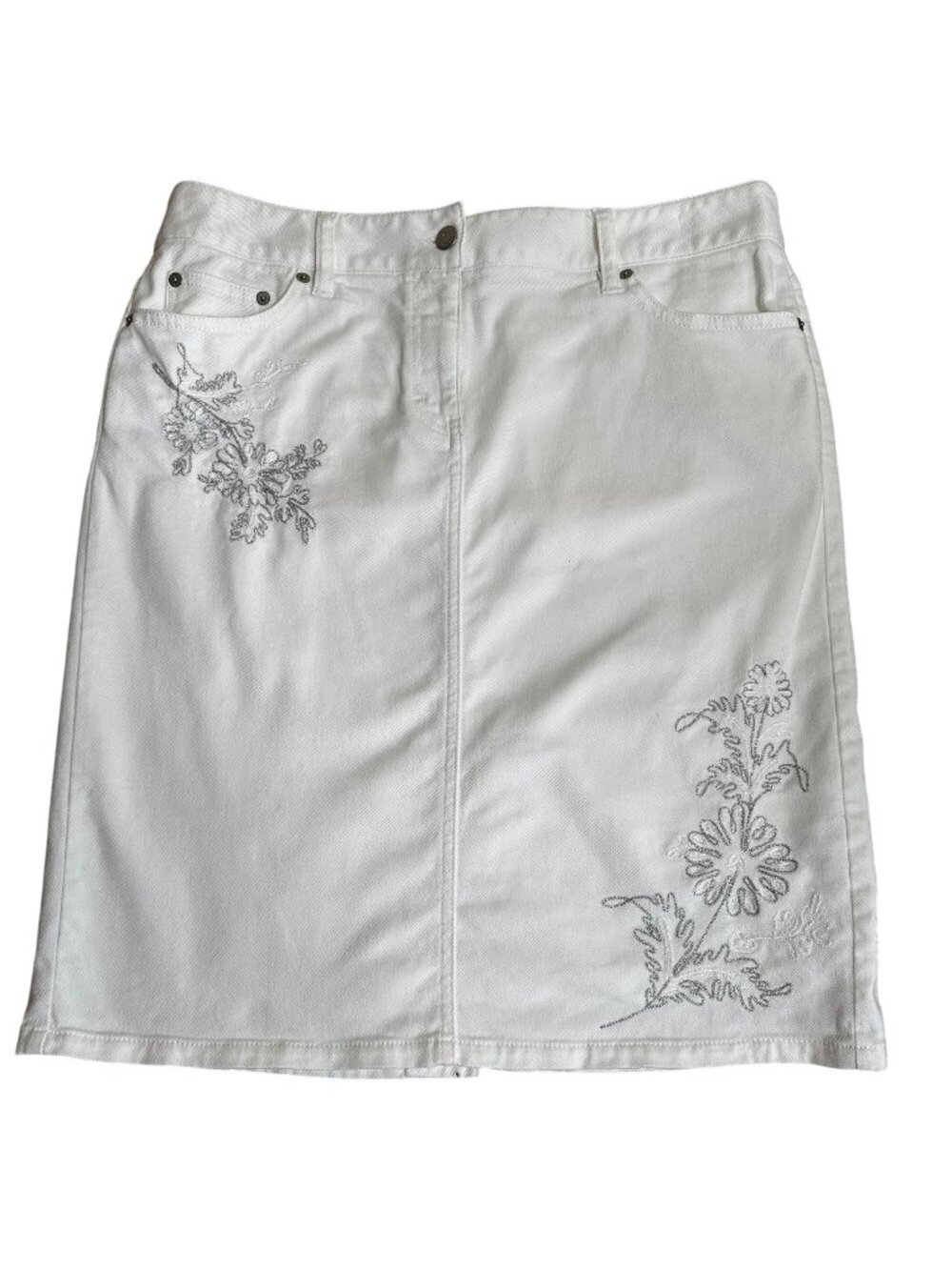 ANN TAYLOR LOFT White Pencil Skirt Silver Embroidered Floral 5 Pocket Denim 10